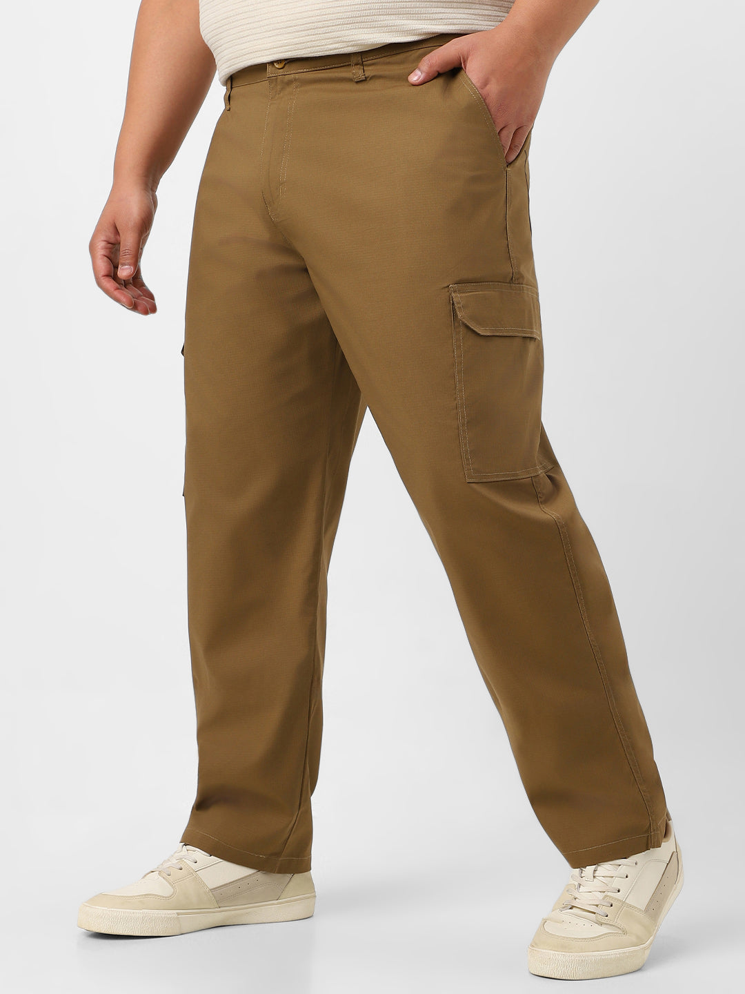 Plus Men's Khaki Regular Fit Solid Cargo Chino Pant with 6 Pockets