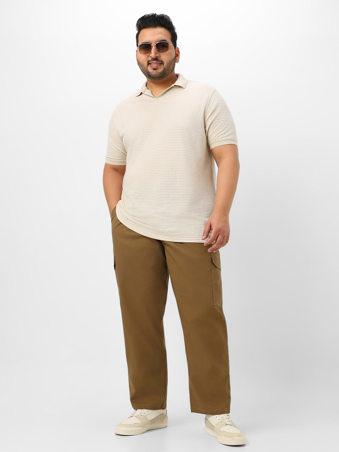 Plus Men's Khaki Regular Fit Solid Cargo Chino Pant with 6 Pockets