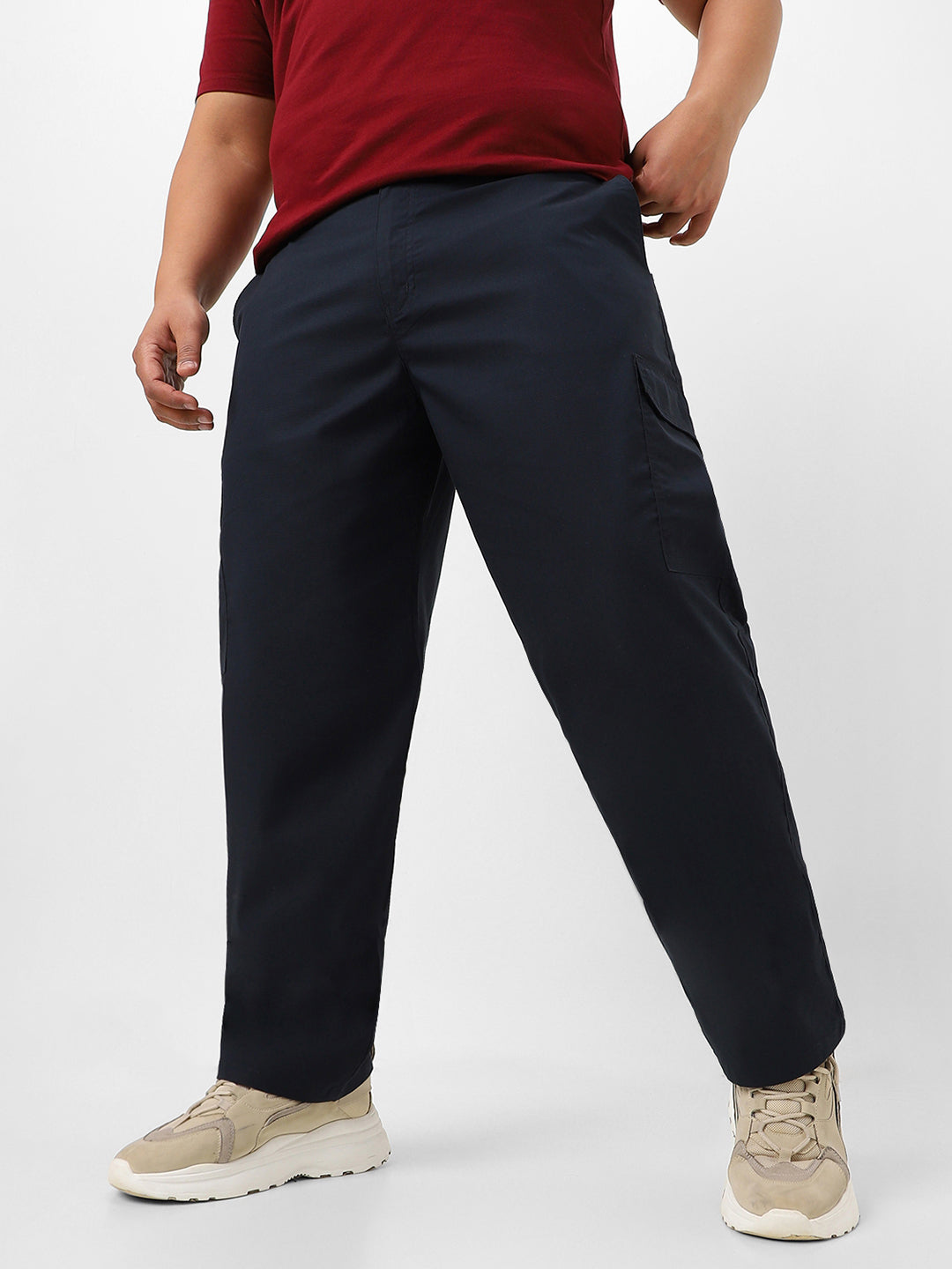 Plus Men's Navy Blue Regular Fit Solid Cargo Chino Pant with 6 Pockets