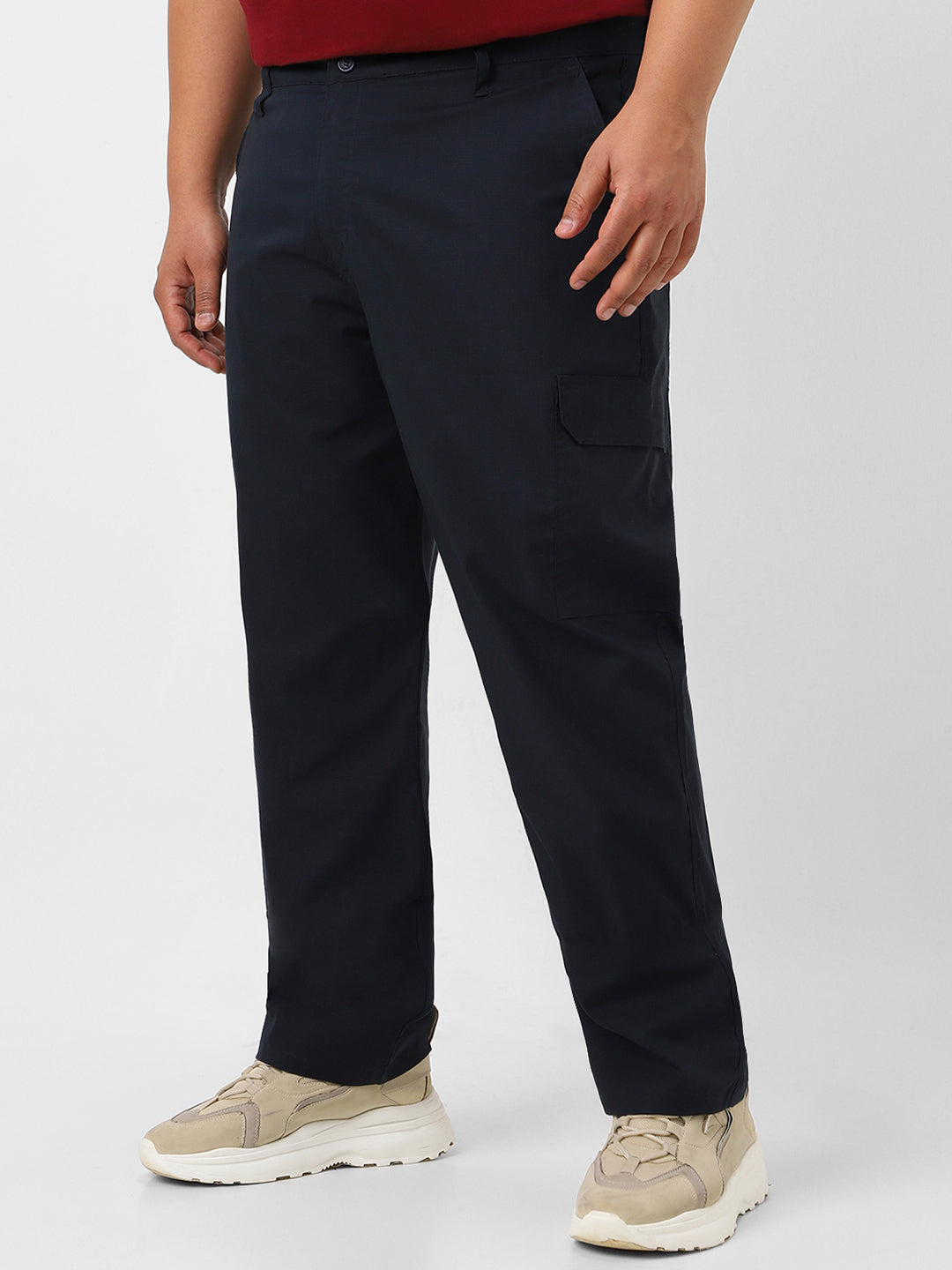 Plus Men's Navy Blue Regular Fit Solid Cargo Chino Pant with 6 Pockets