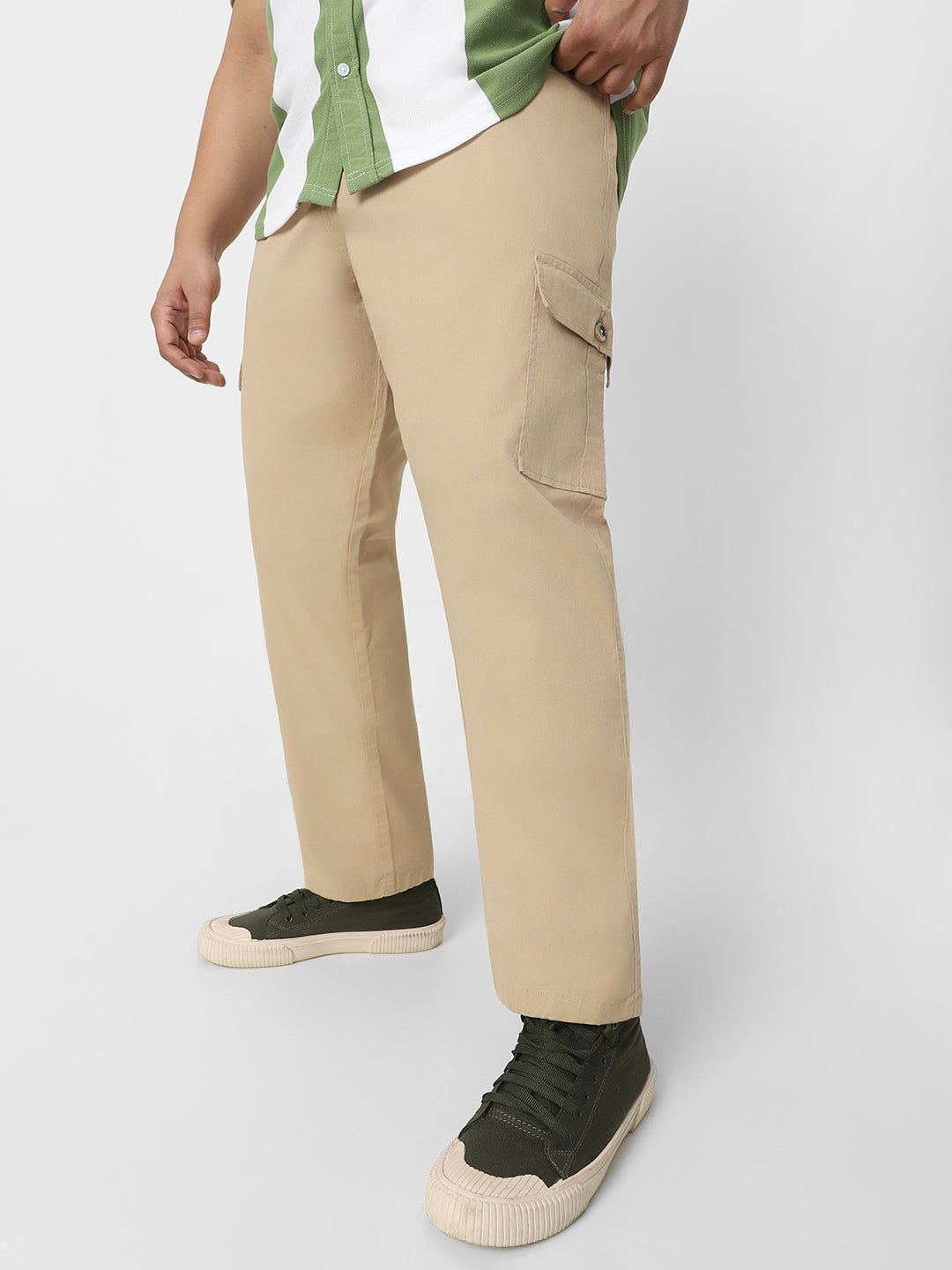 Plus Men's Khaki Regular Fit Solid Cargo Chino Pant with 6 Pockets Stretchable