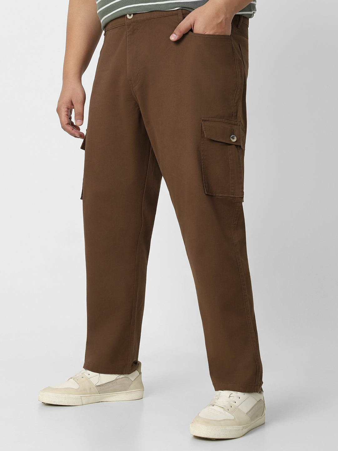 Plus Men's Brown Regular Fit Solid Cargo Chino Pant with 6 Pockets Stretchable