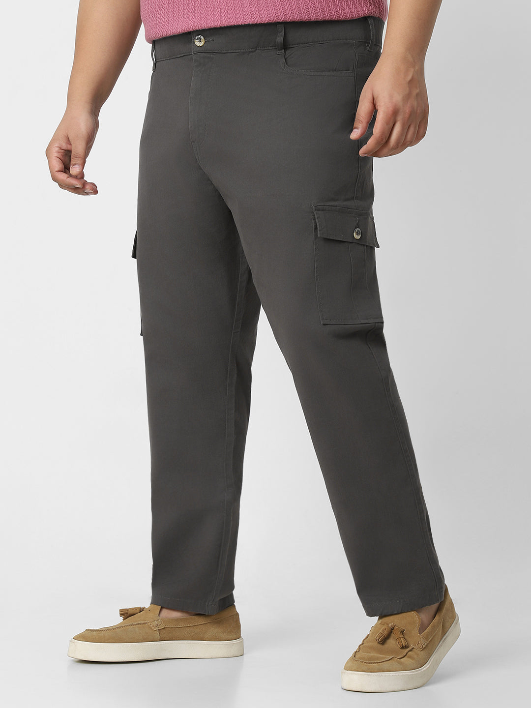 Plus Men's Charcoal Grey Regular Fit Solid Cargo Chino Pant with 6 Pockets Stretchable