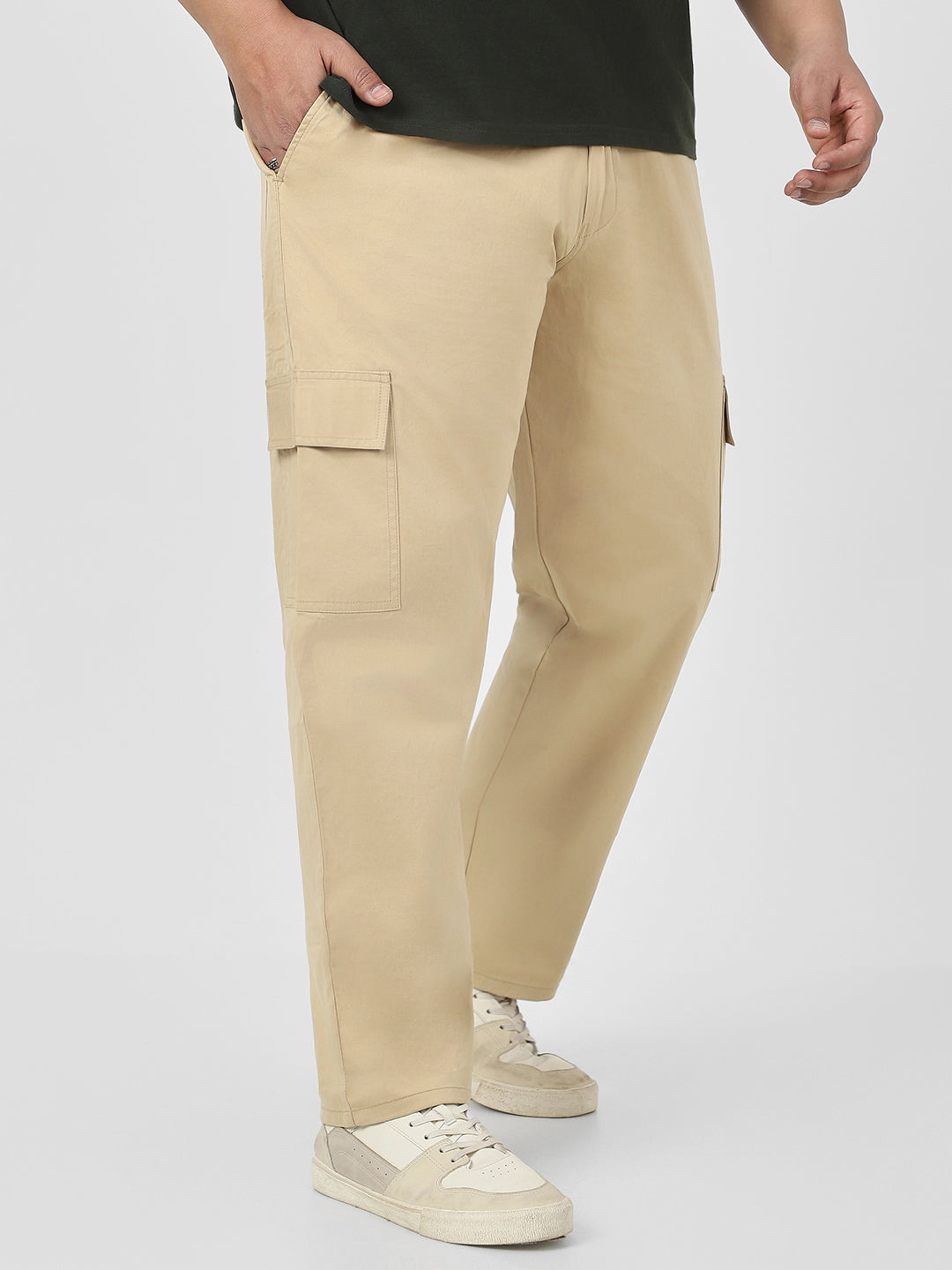 Plus Men's Beige Regular Fit Solid Cargo Chino Pant with 6 Pockets Stretchable