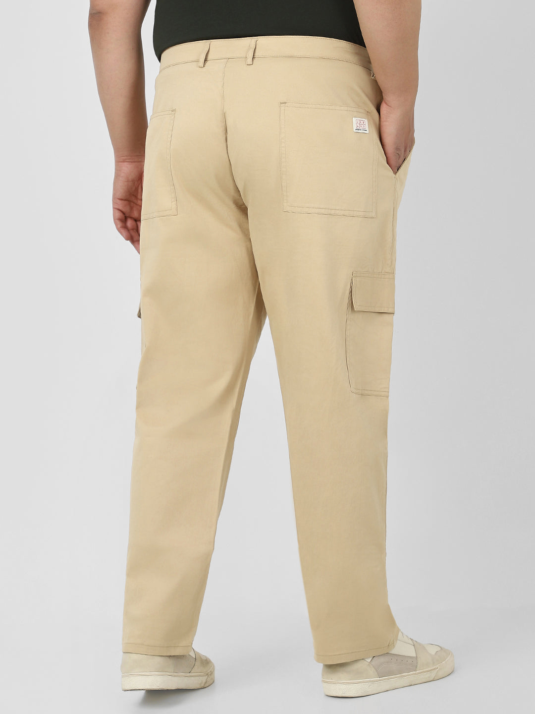 Plus Men's Beige Regular Fit Solid Cargo Chino Pant with 6 Pockets Stretchable