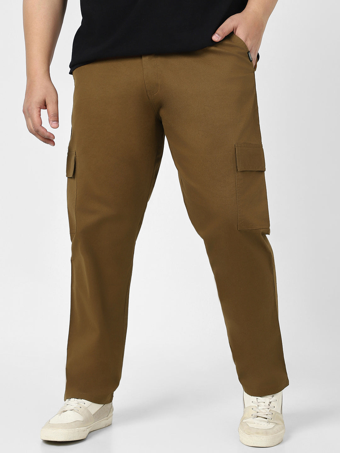 Plus Men's Brown Regular Fit Solid Cargo Chino Pant with 6 Pockets Stretchable