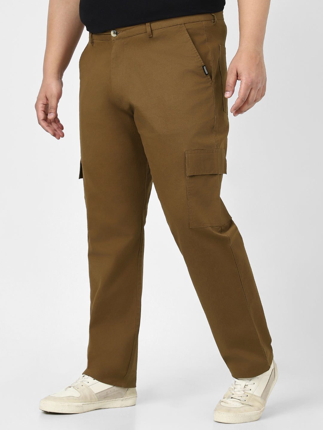 Plus Men's Brown Regular Fit Solid Cargo Chino Pant with 6 Pockets Stretchable