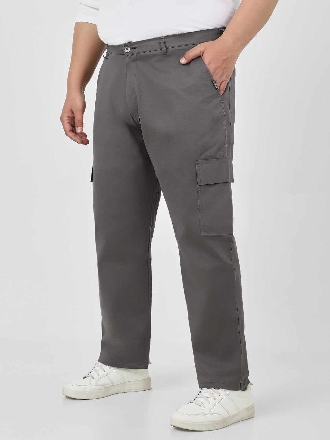 Plus Men's Dark Grey Regular Fit Solid Cargo Chino Pant with 6 Pockets Stretchable