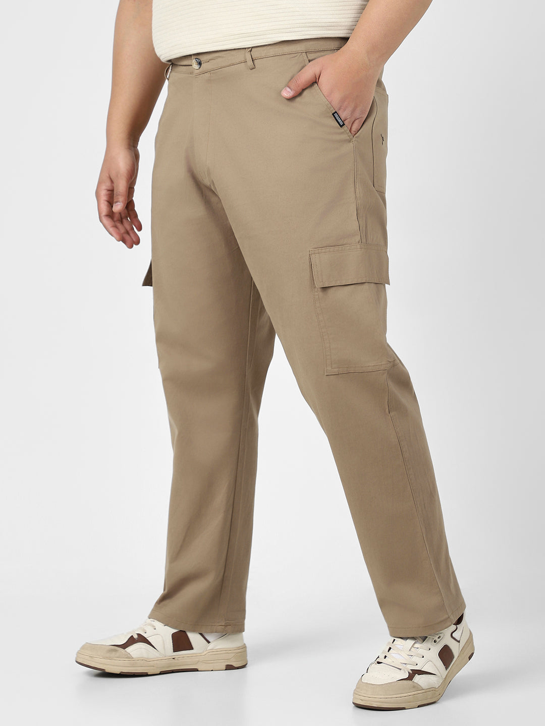 Plus Men's Khaki Regular Fit Solid Cargo Chino Pant with 6 Pockets Stretchable