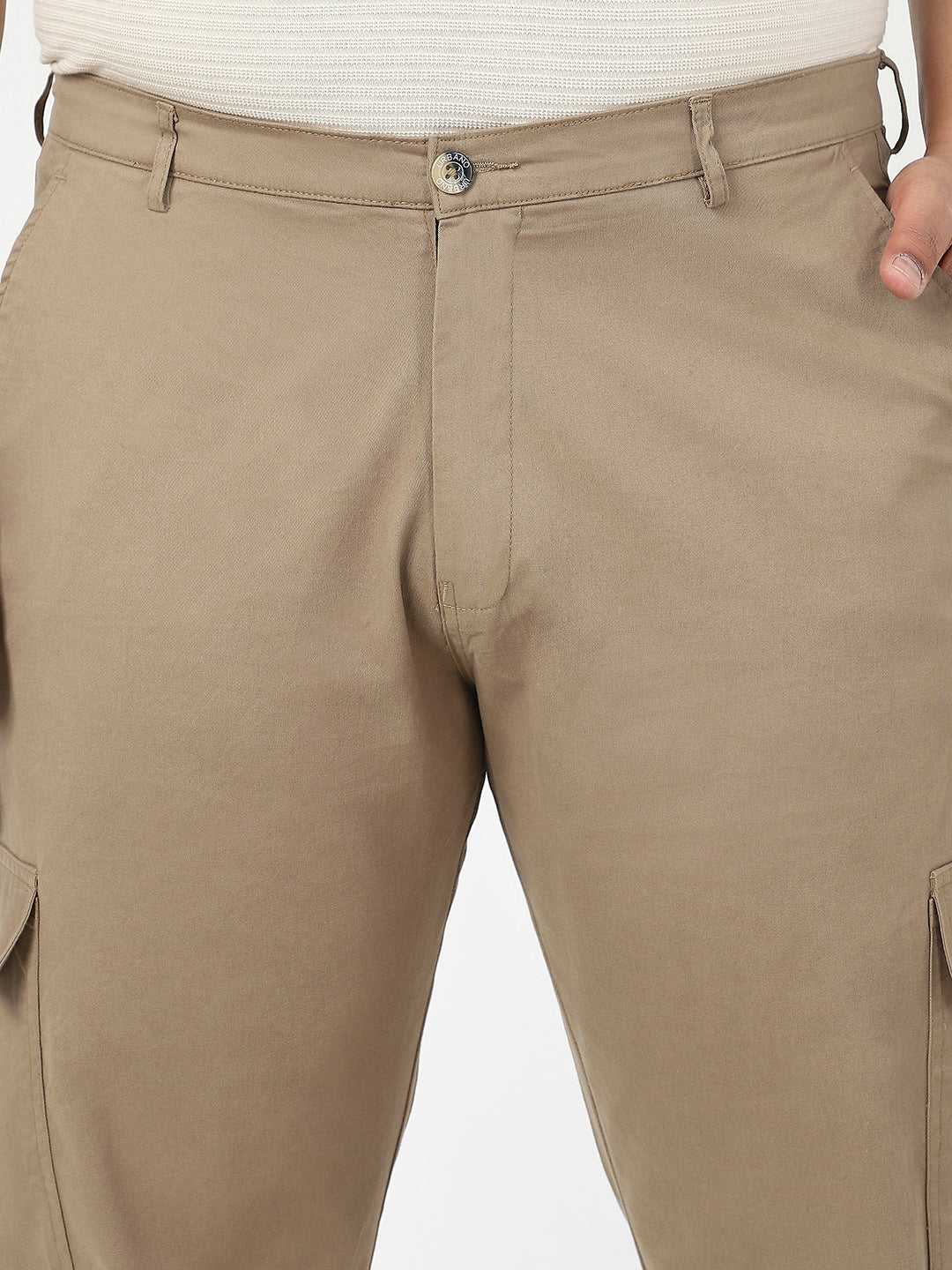 Plus Men's Khaki Regular Fit Solid Cargo Chino Pant with 6 Pockets Stretchable