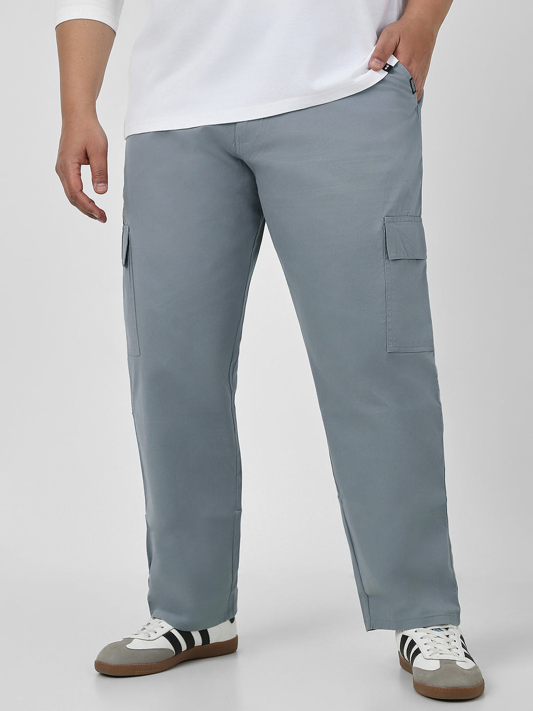 Plus Men's Light Blue Regular Fit Solid Cargo Chino Pant with 6 Pockets Stretchable