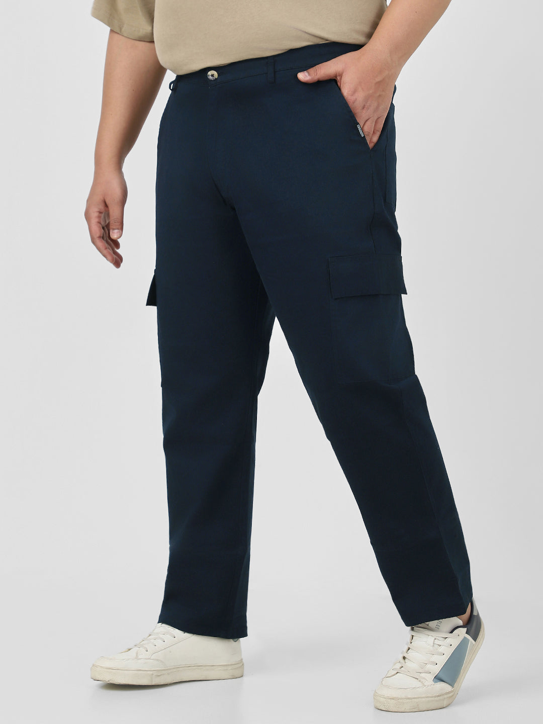 Plus Men's Navy Regular Fit Solid Cargo Chino Pant with 6 Pockets Stretchable