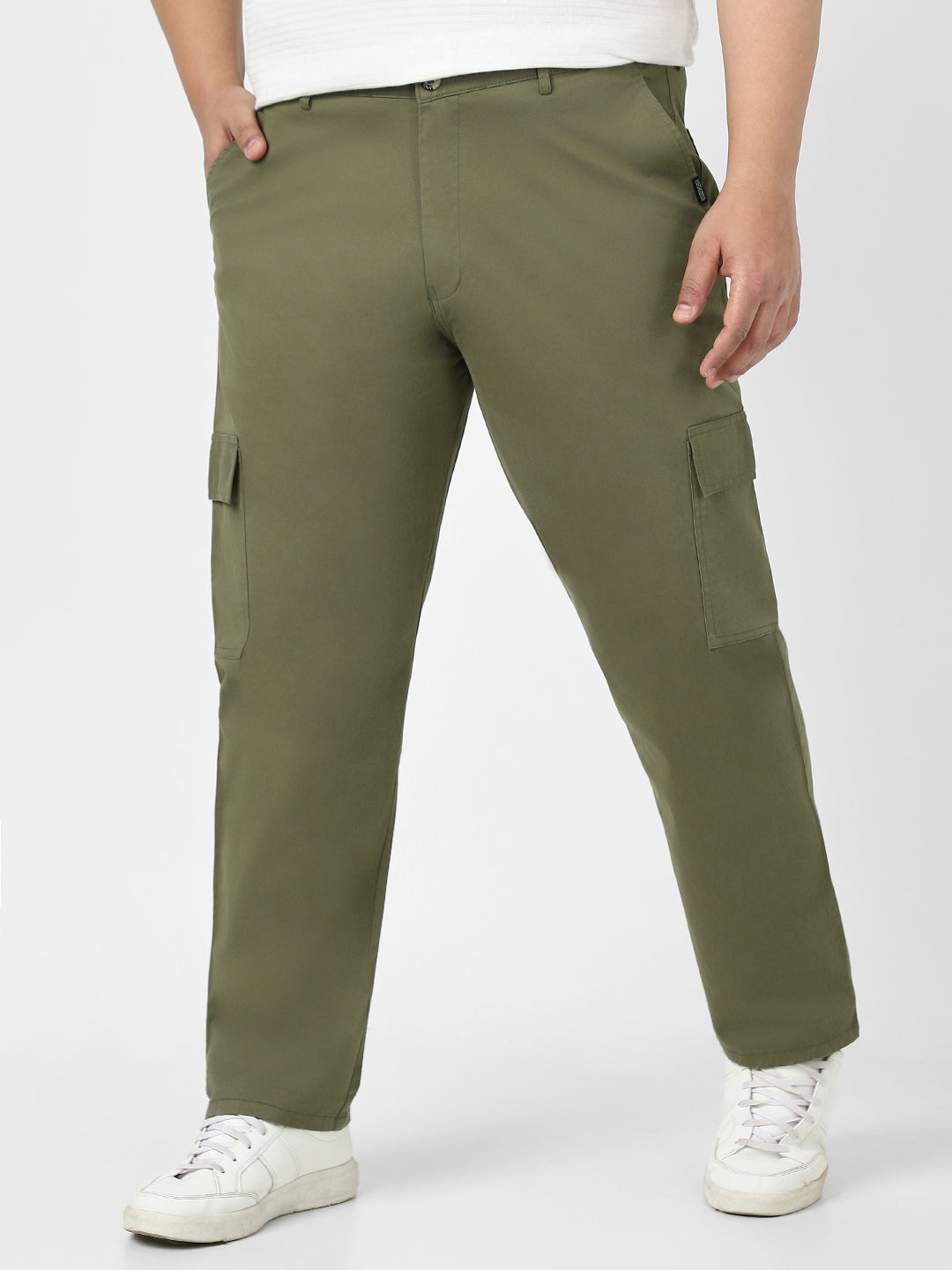 Plus Men's Olive Regular Fit Solid Cargo Chino Pant with 6 Pockets Stretchable