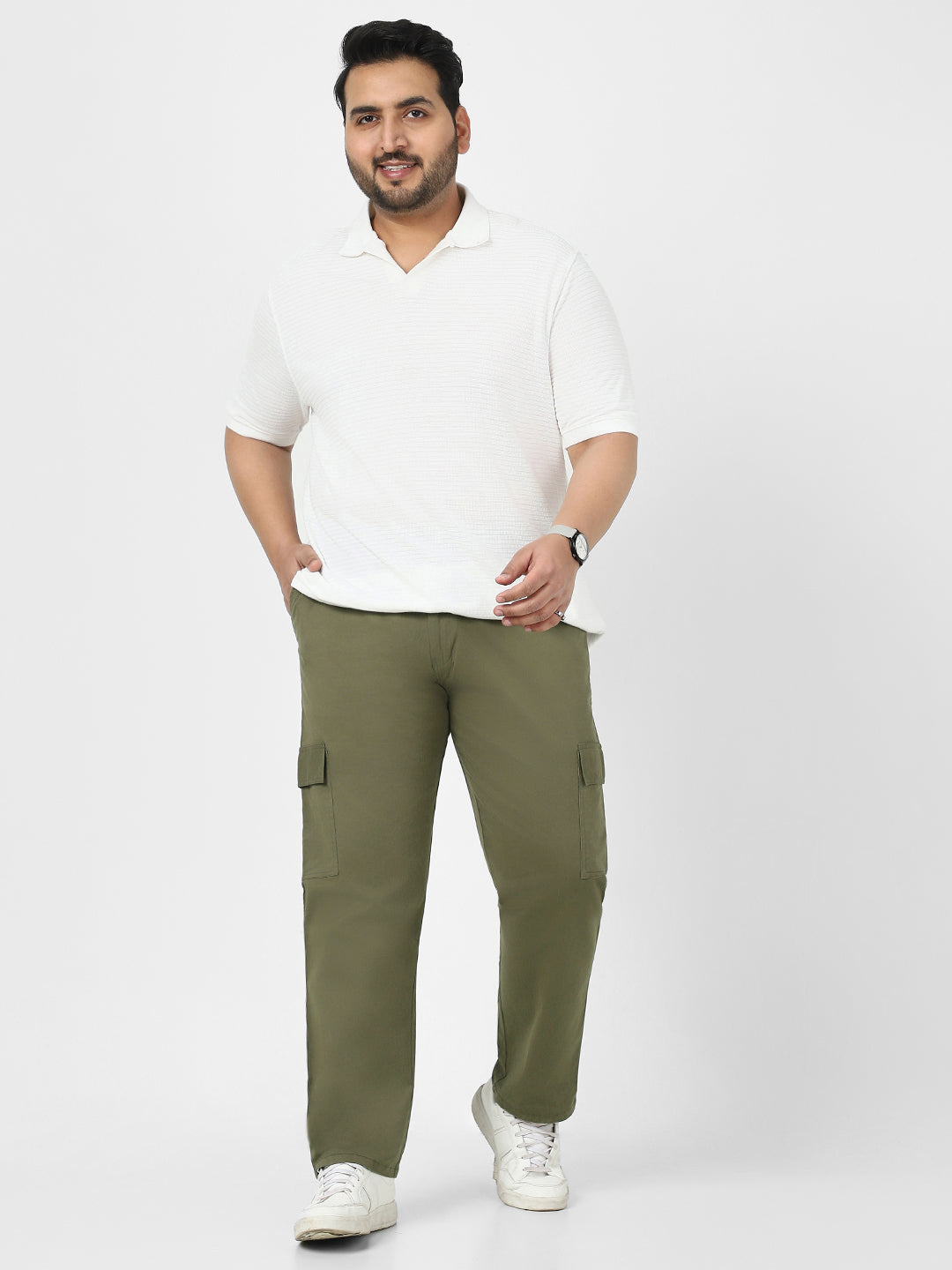 Plus Men's Olive Regular Fit Solid Cargo Chino Pant with 6 Pockets Stretchable