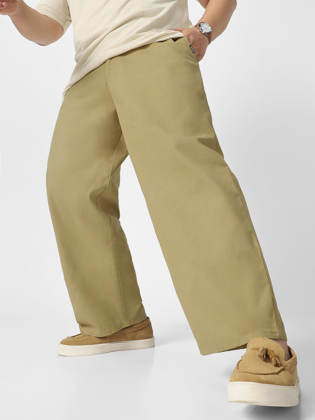 Plus Men's Light Olive Loose Baggy Fit Solid Chino Trousers Non-Stretchable