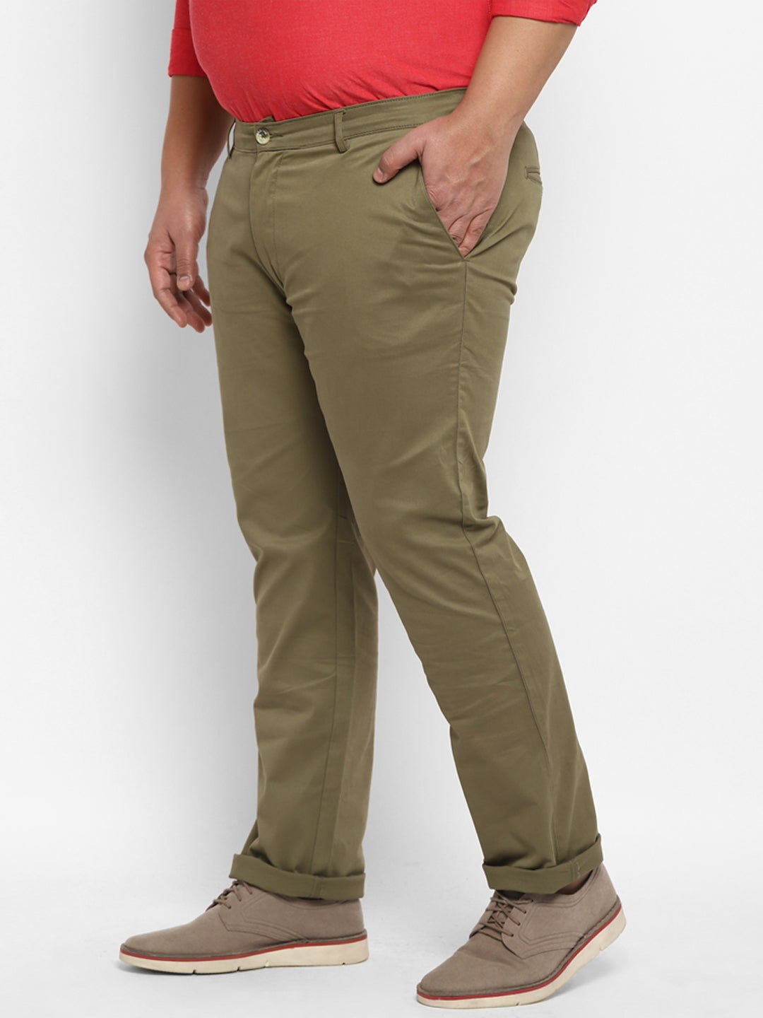 Plus Men's Olive Green Cotton Regular Fit Casual Chinos Trousers Stretch