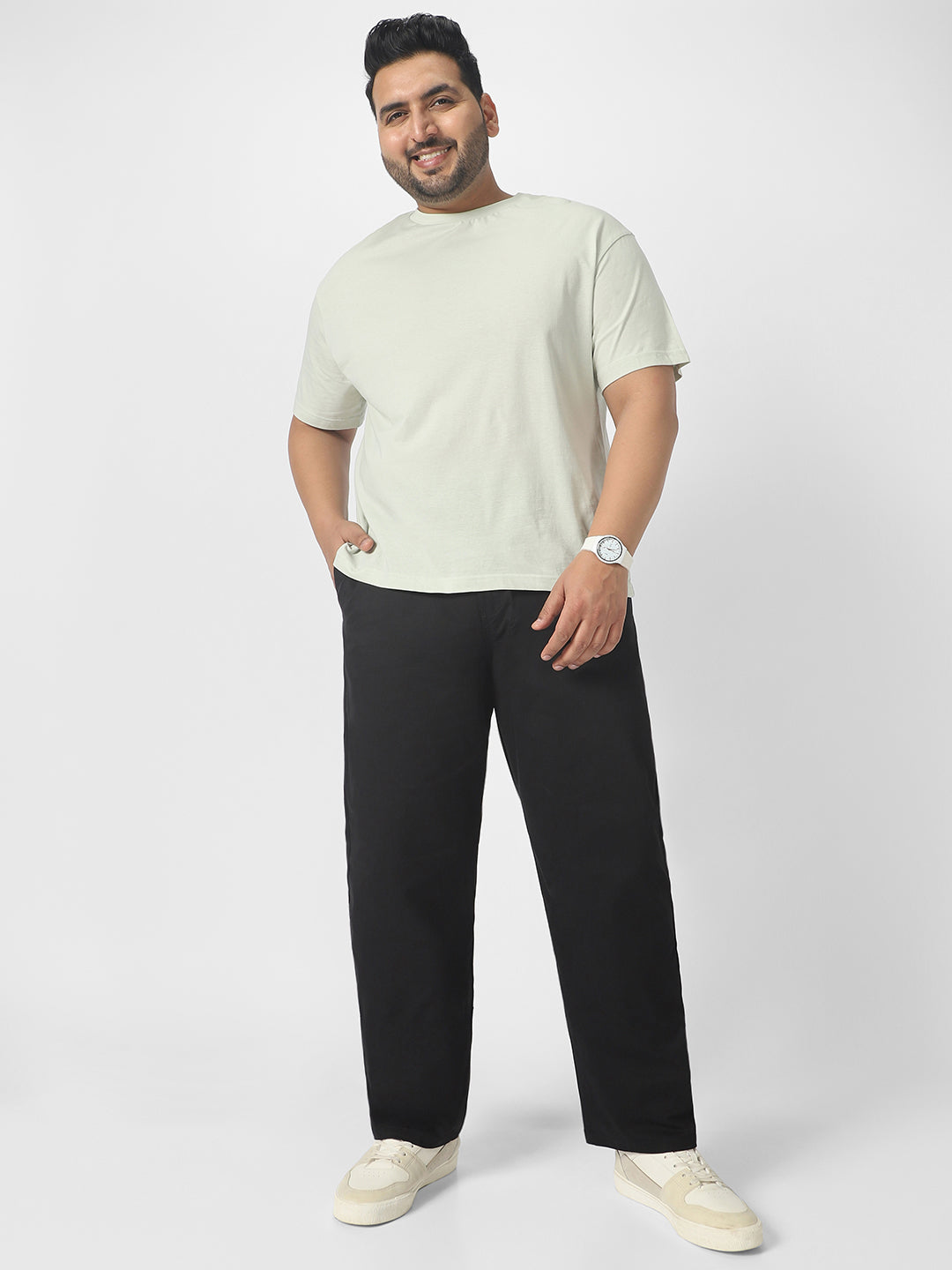 Plus Men's Black Cotton Regular Fit Casual Chinos Trousers Stretch