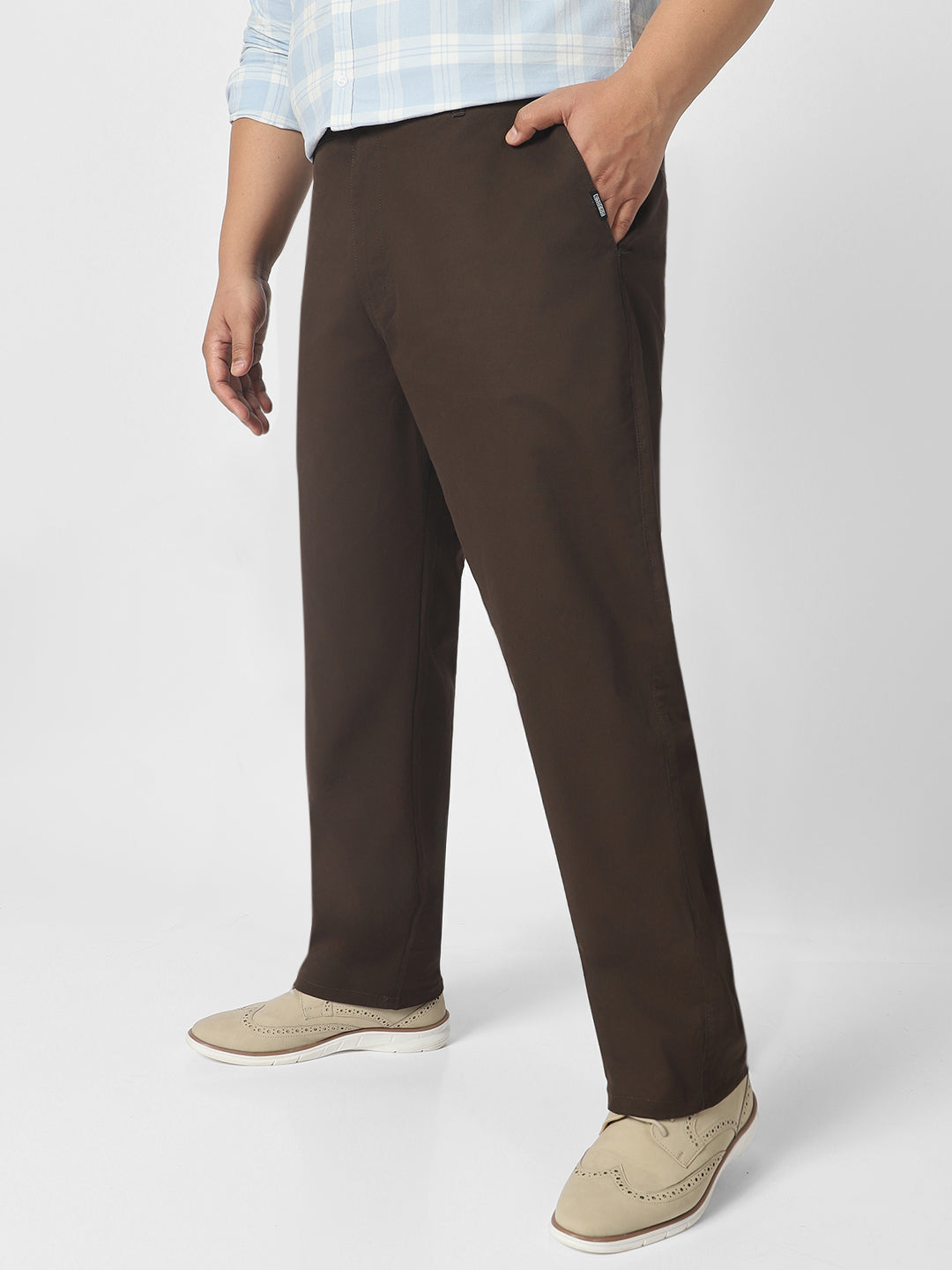 Plus Men's Chocolate Brown Cotton Regular Fit Casual Chinos Trousers Stretch