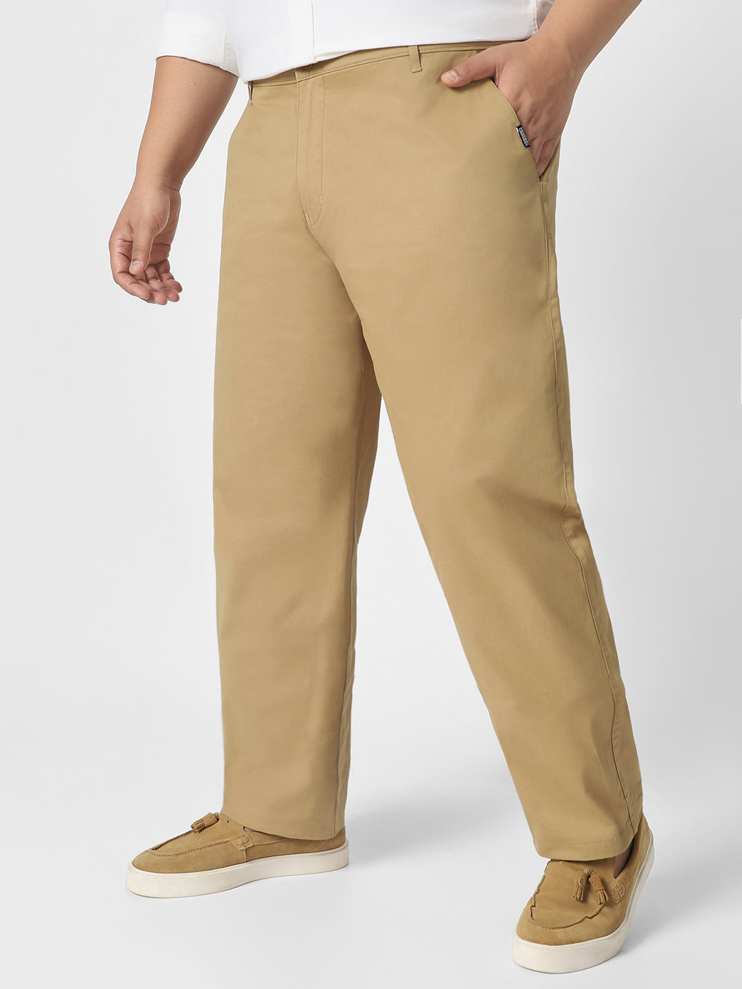 Plus Men's Khaki Cotton Regular Fit Casual Chinos Trousers Stretch