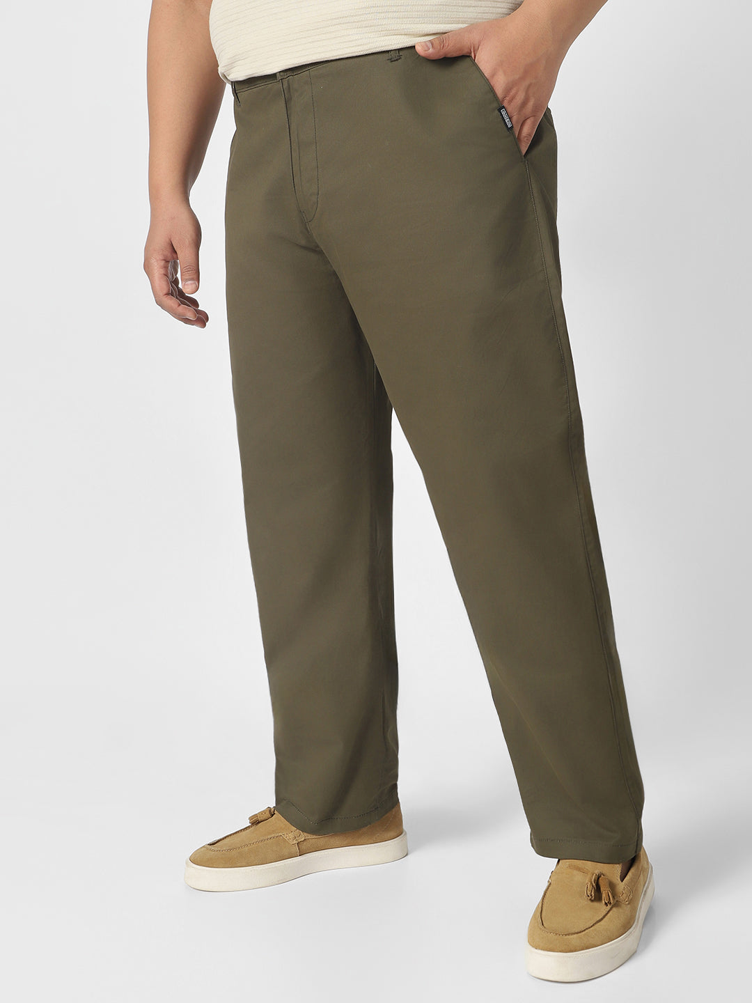 Plus Men's Olive Green Cotton Regular Fit Casual Chinos Trousers Stretch