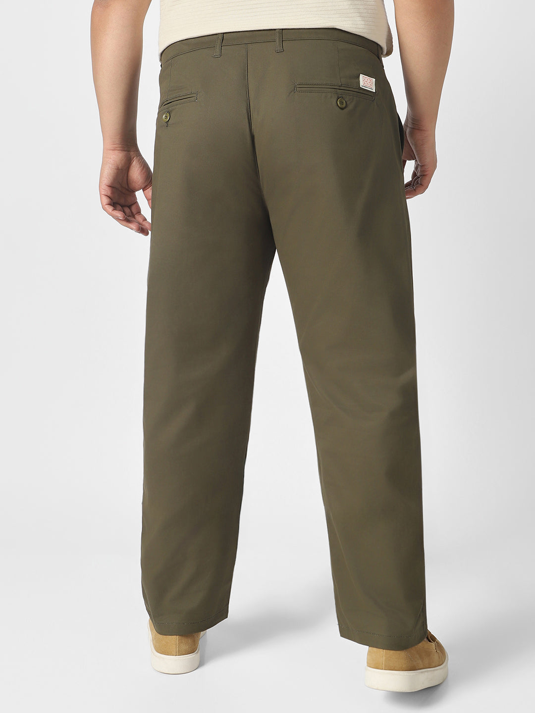 Plus Men's Olive Green Cotton Regular Fit Casual Chinos Trousers Stretch