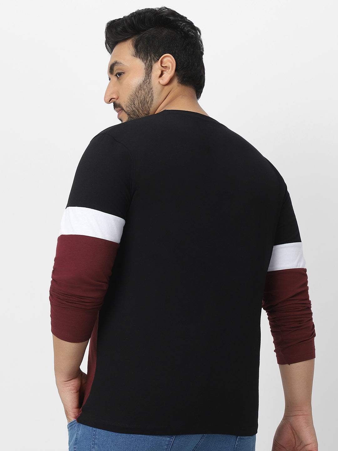 Plus Men's Black, White, Maroon Color-Block Regular Fit Full Sleeve Cotton T-Shirt