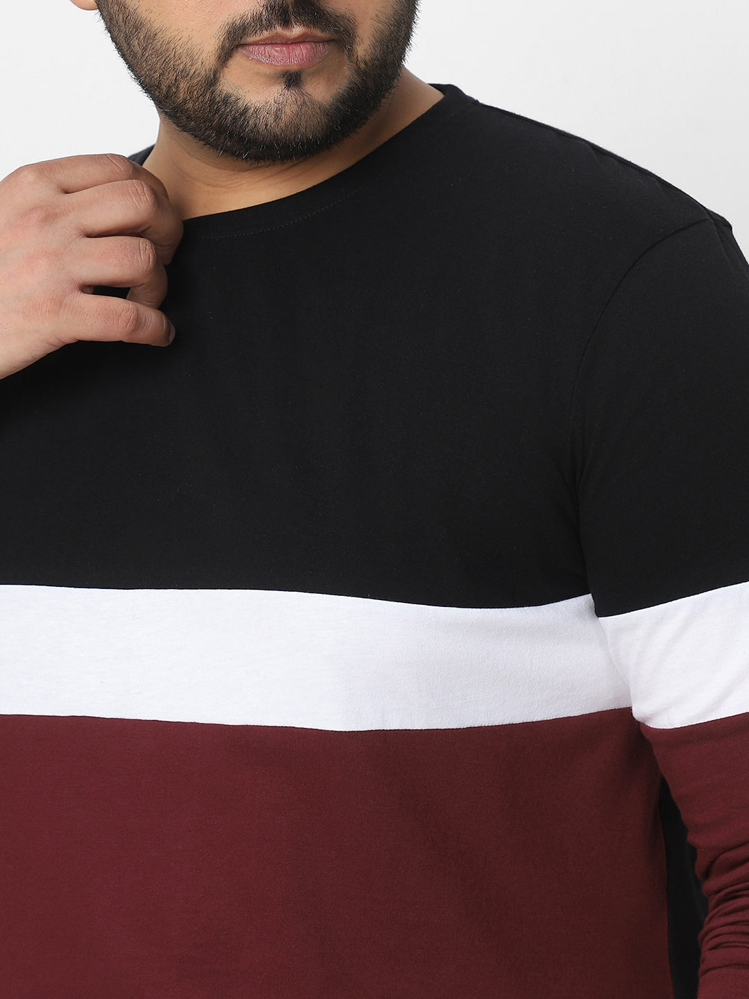 Plus Men's Black, White, Maroon Color-Block Regular Fit Full Sleeve Cotton T-Shirt