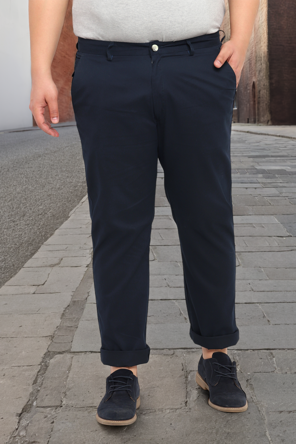 Plus Men's Dark Blue Cotton Regular Fit Casual Chinos Trousers