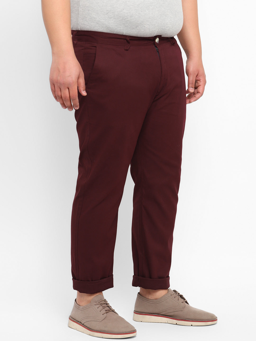 Plus Men's Maroon Cotton Light Weight Non-Stretch Regular Fit Casual Trousers