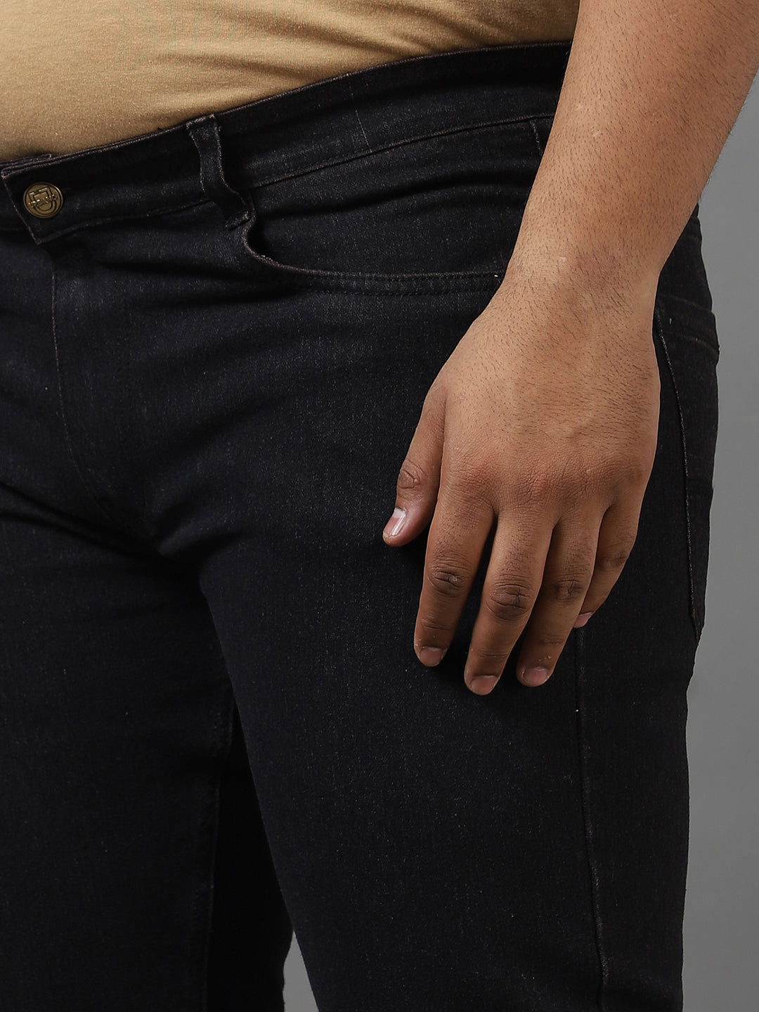 Plus Men's Dark Brown Regular Fit Solid Jeans Stretchable