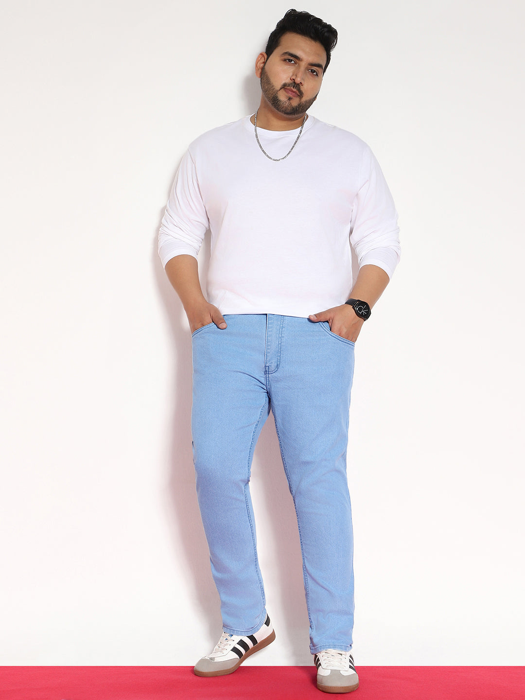 Plus Men's Ice Blue Regular Fit Solid Jeans Stretchable