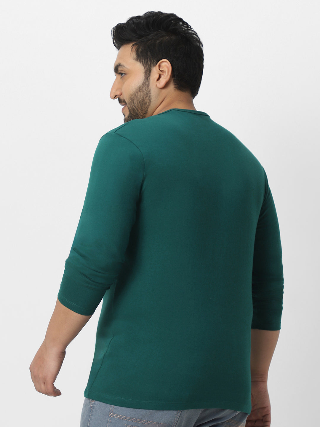 Plus Men's Dark Green Solid Henley Neck Regular Fit Full Sleeve Cotton T-Shirt