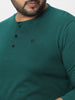 Plus Men's Dark Green Solid Henley Neck Regular Fit Full Sleeve Cotton T-Shirt