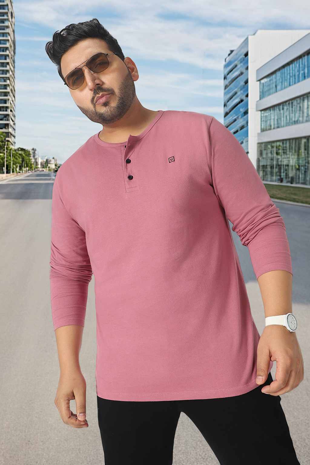 Plus Men's Lilac Solid Henley Neck Regular Fit Full Sleeve Cotton T-Shirt