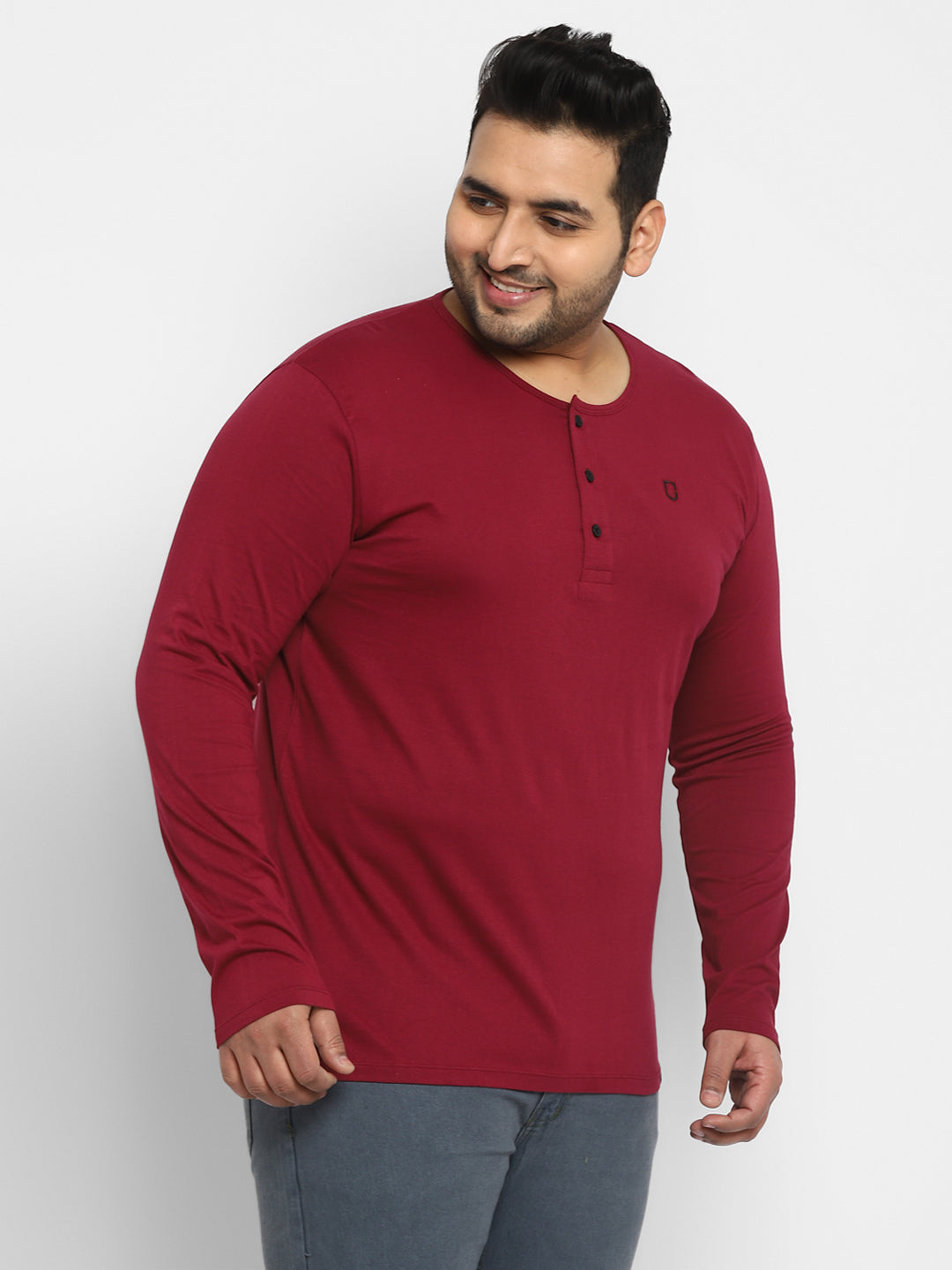 Plus Men's Maroon Solid Henley Neck Regular Fit Full Sleeve Cotton T-Shirt