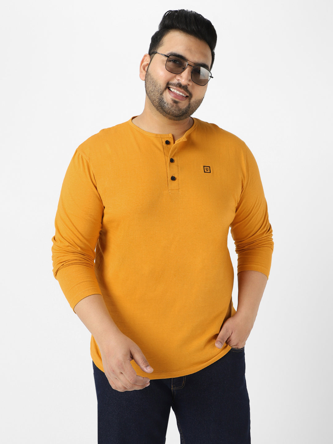 Plus Men's Mustard Solid Henley Neck Regular Fit Full Sleeve Cotton T-Shirt