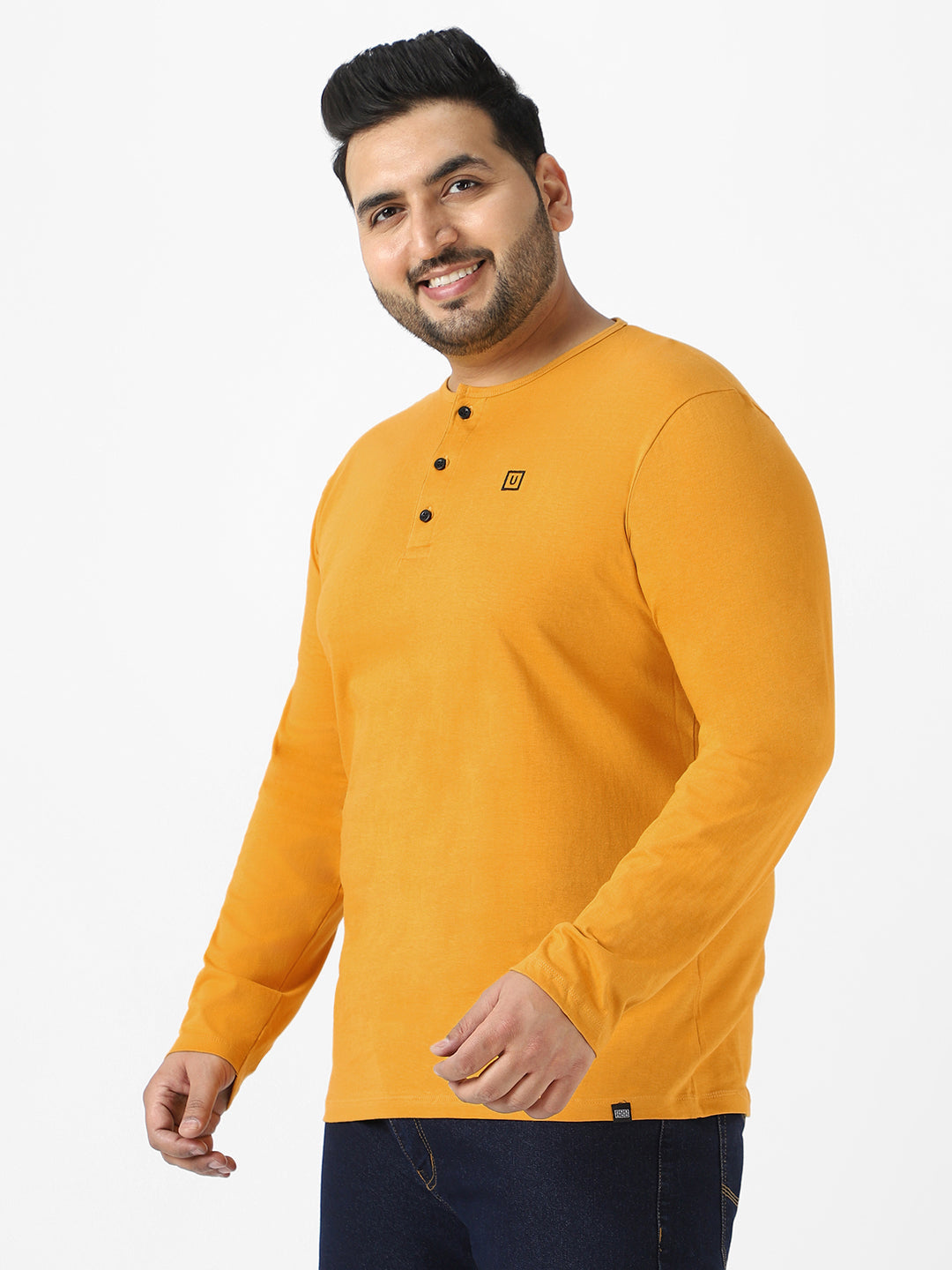 Plus Men's Mustard Solid Henley Neck Regular Fit Full Sleeve Cotton T-Shirt