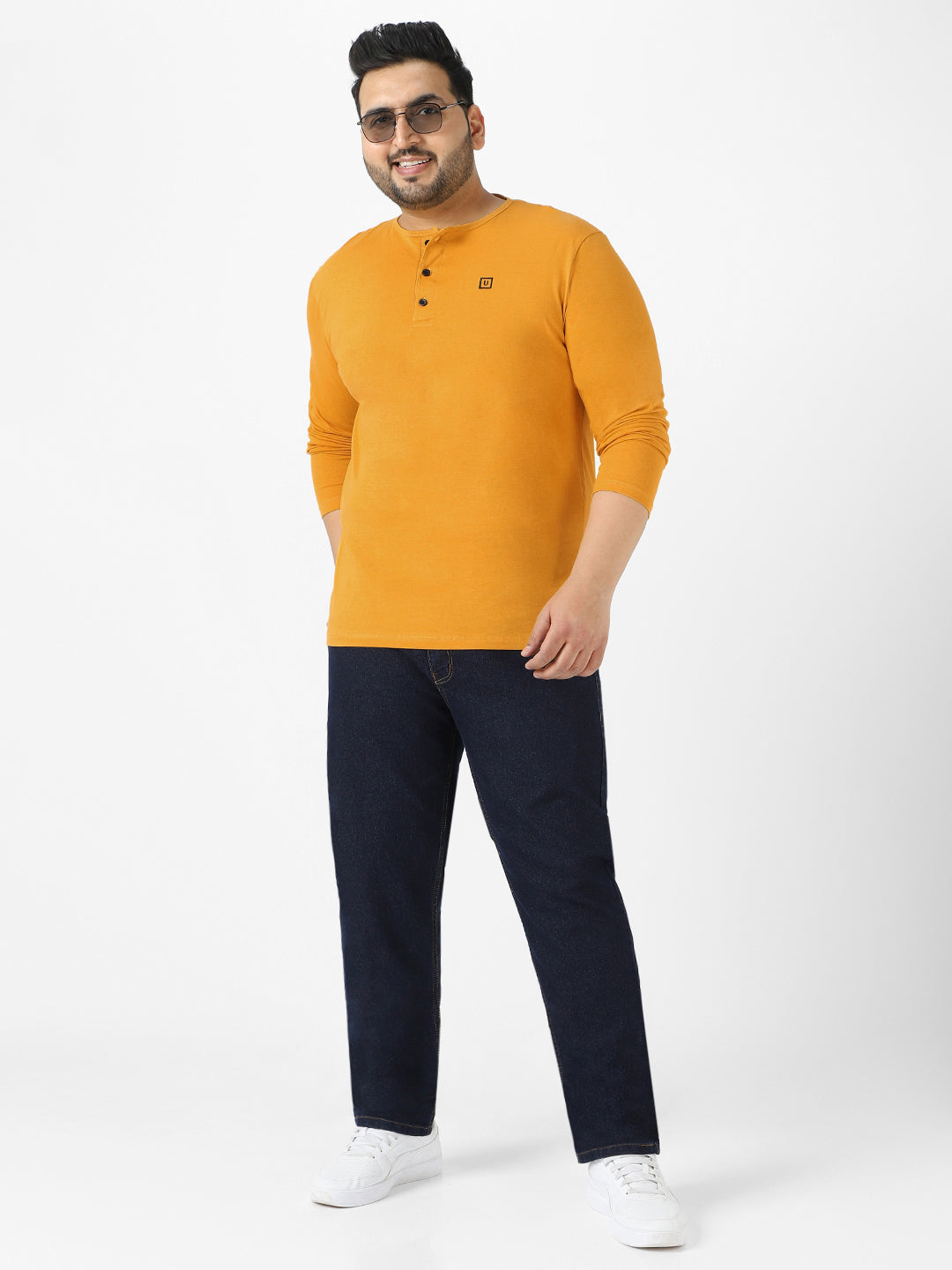 Plus Men's Mustard Solid Henley Neck Regular Fit Full Sleeve Cotton T-Shirt