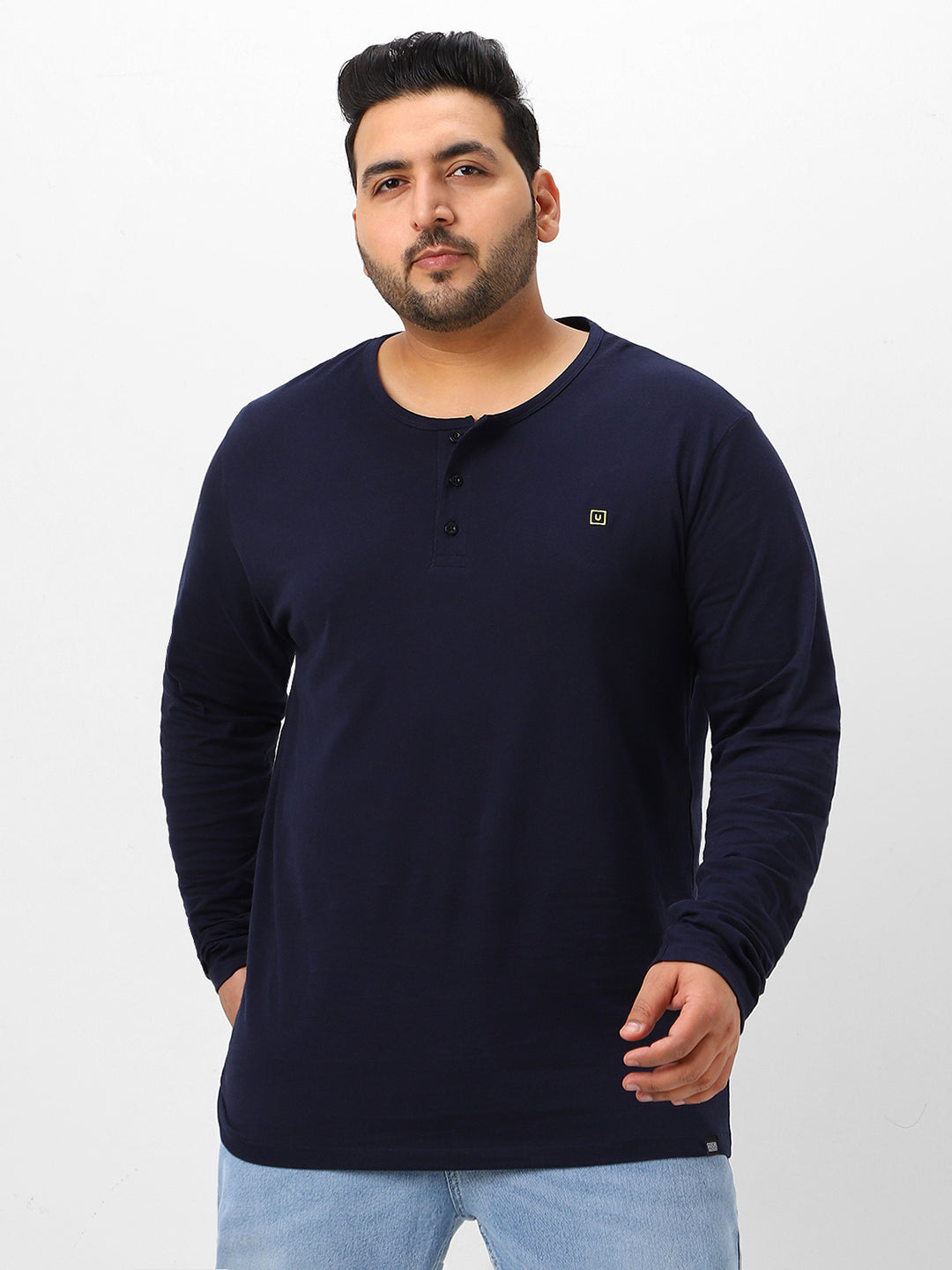 Plus Men's Navy Blue Solid Henley Neck Regular Fit Full Sleeve Cotton T-Shirt