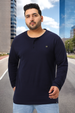 Plus Men's Navy Blue Solid Henley Neck Regular Fit Full Sleeve Cotton T-Shirt