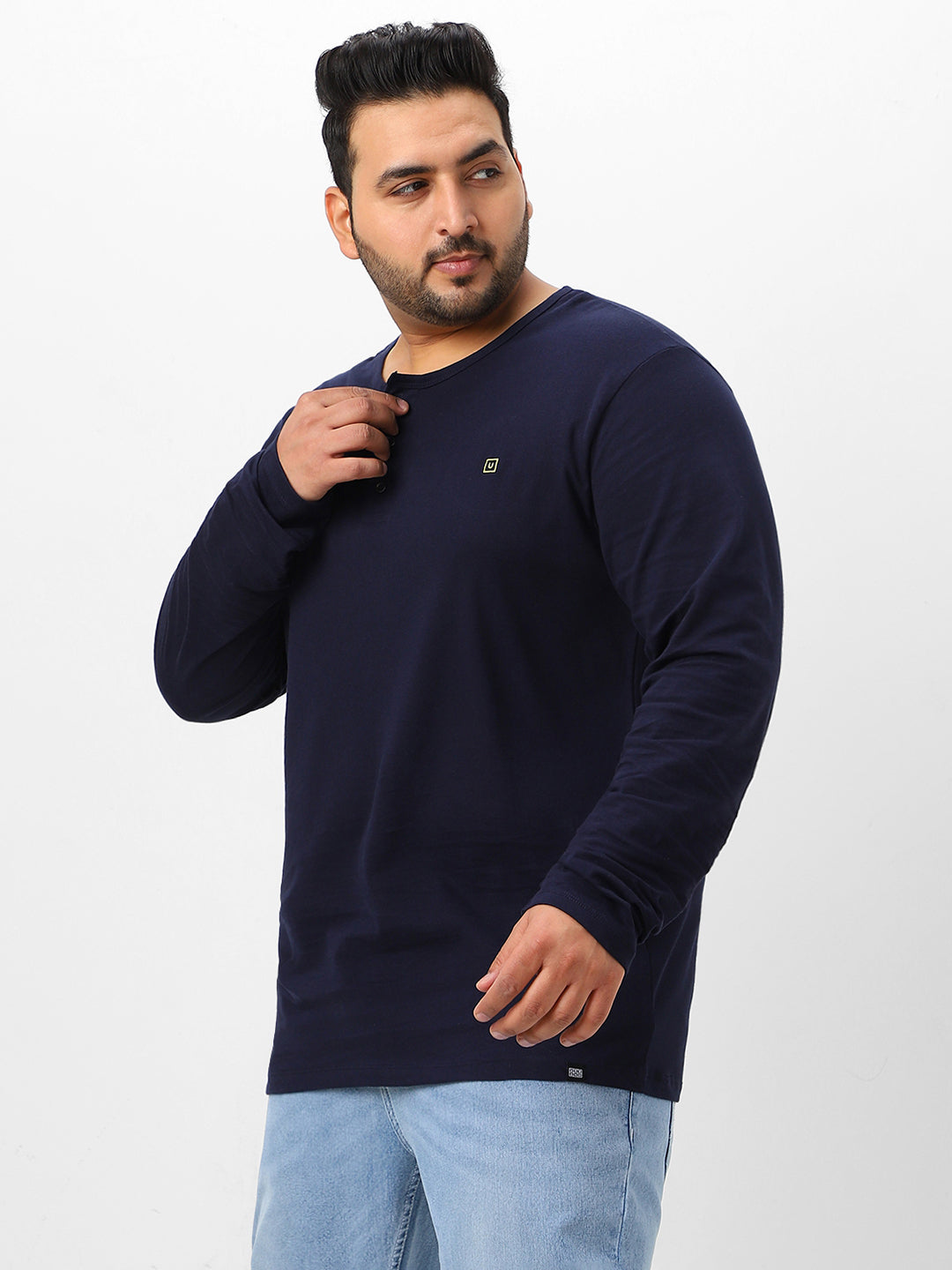 Plus Men's Navy Blue Solid Henley Neck Regular Fit Full Sleeve Cotton T-Shirt