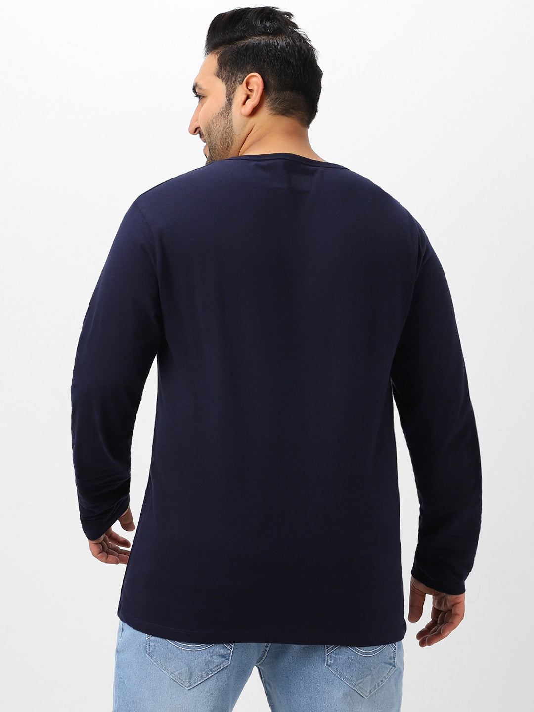 Plus Men's Navy Blue Solid Henley Neck Regular Fit Full Sleeve Cotton T-Shirt