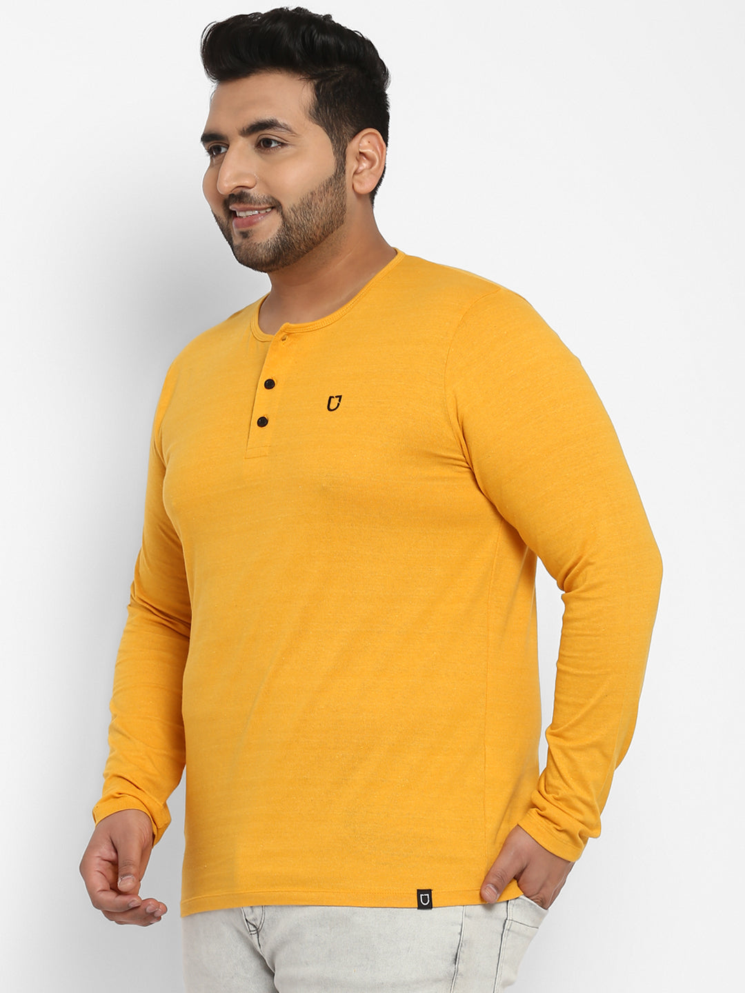 Plus Men's Mustard Melange Solid Henley Neck Regular Fit Full Sleeve Cotton T-Shirt