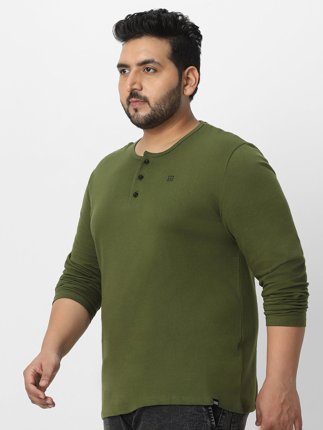 Plus Men's Olive Green Solid Henley Neck Regular Fit Full Sleeve Cotton T-Shirt