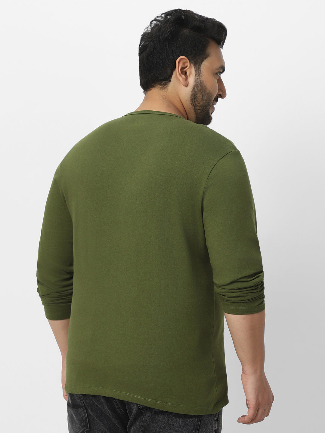 Plus Men's Olive Green Solid Henley Neck Regular Fit Full Sleeve Cotton T-Shirt