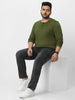 Plus Men's Olive Green Solid Henley Neck Regular Fit Full Sleeve Cotton T-Shirt