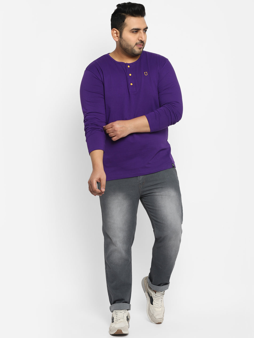 Plus Men's Purple Solid Henley Neck Regular Fit Full Sleeve Cotton T-Shirt