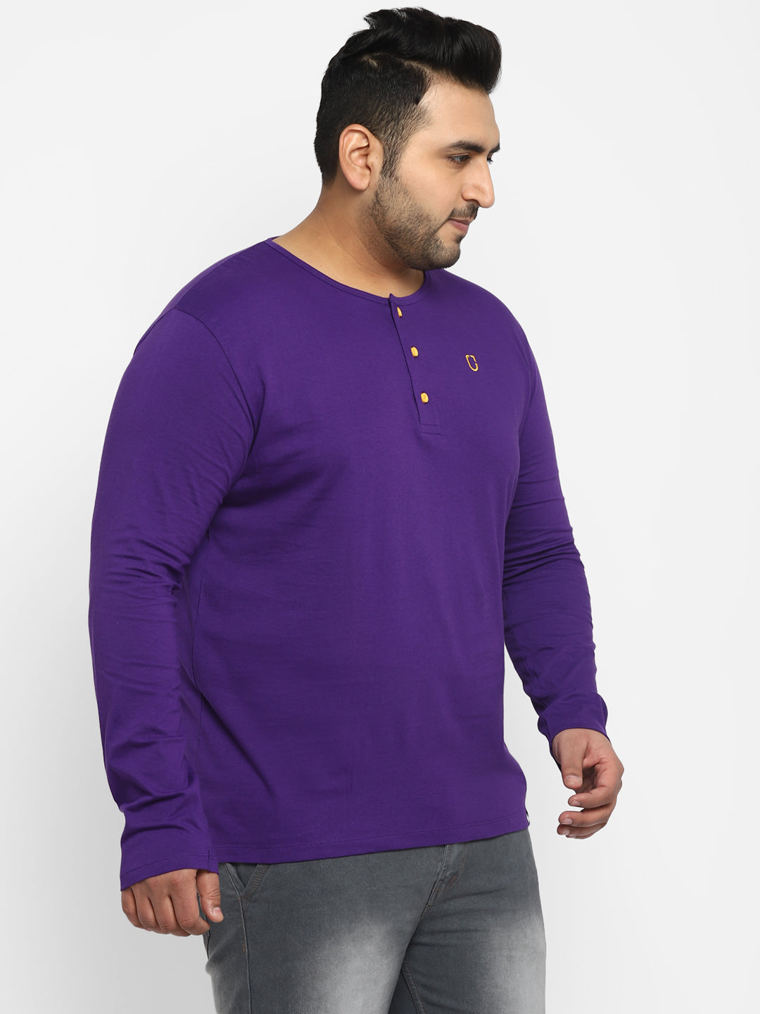 Plus Men's Purple Solid Henley Neck Regular Fit Full Sleeve Cotton T-Shirt