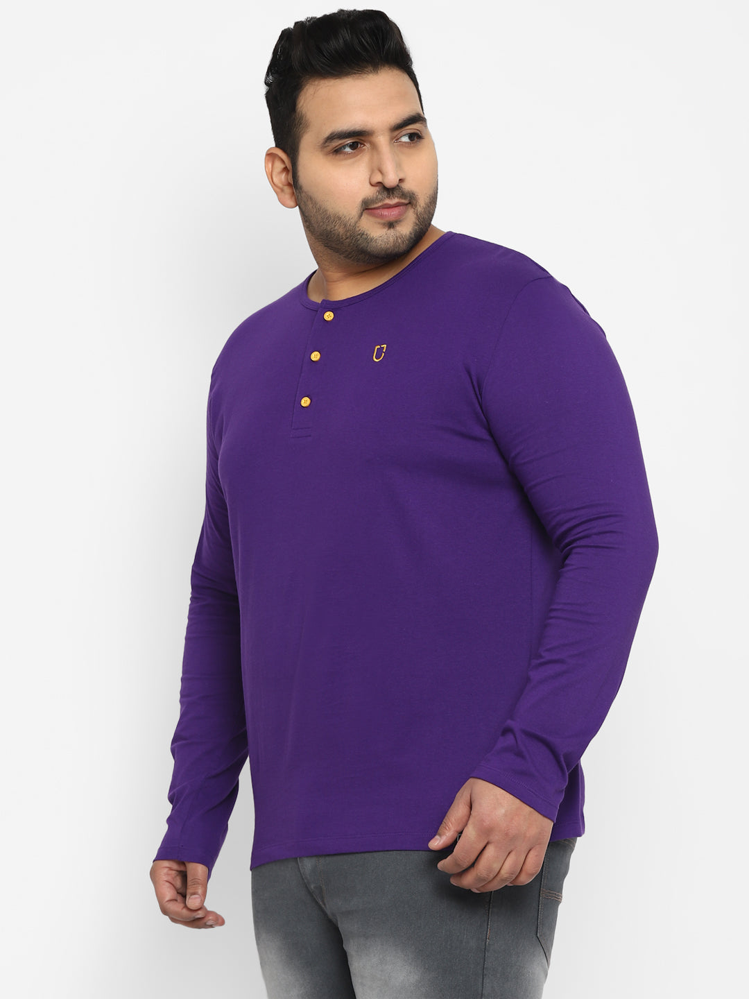 Plus Men's Purple Solid Henley Neck Regular Fit Full Sleeve Cotton T-Shirt