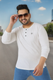 Plus Men's White Solid Henley Neck Regular Fit Full Sleeve Cotton T-Shirt